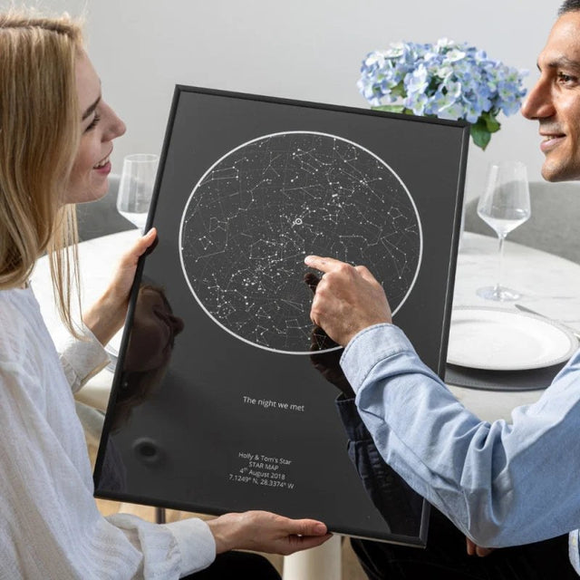 Couple at a dinner table looking at a framed black star map