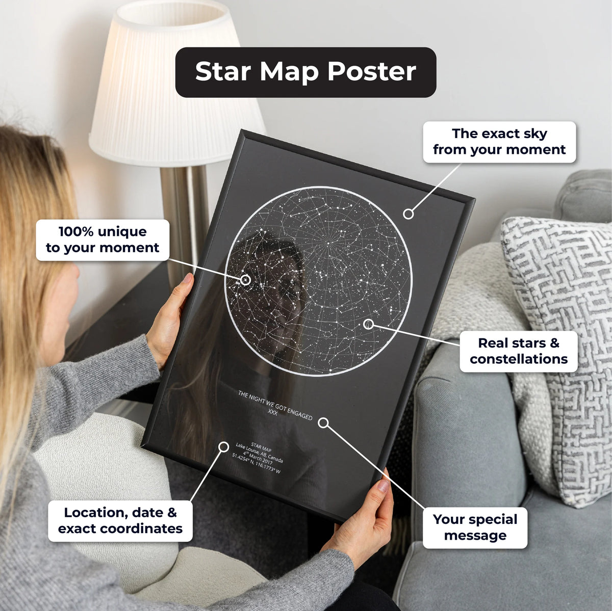 Custom star map poster showing the exact sky, location, date and personal message