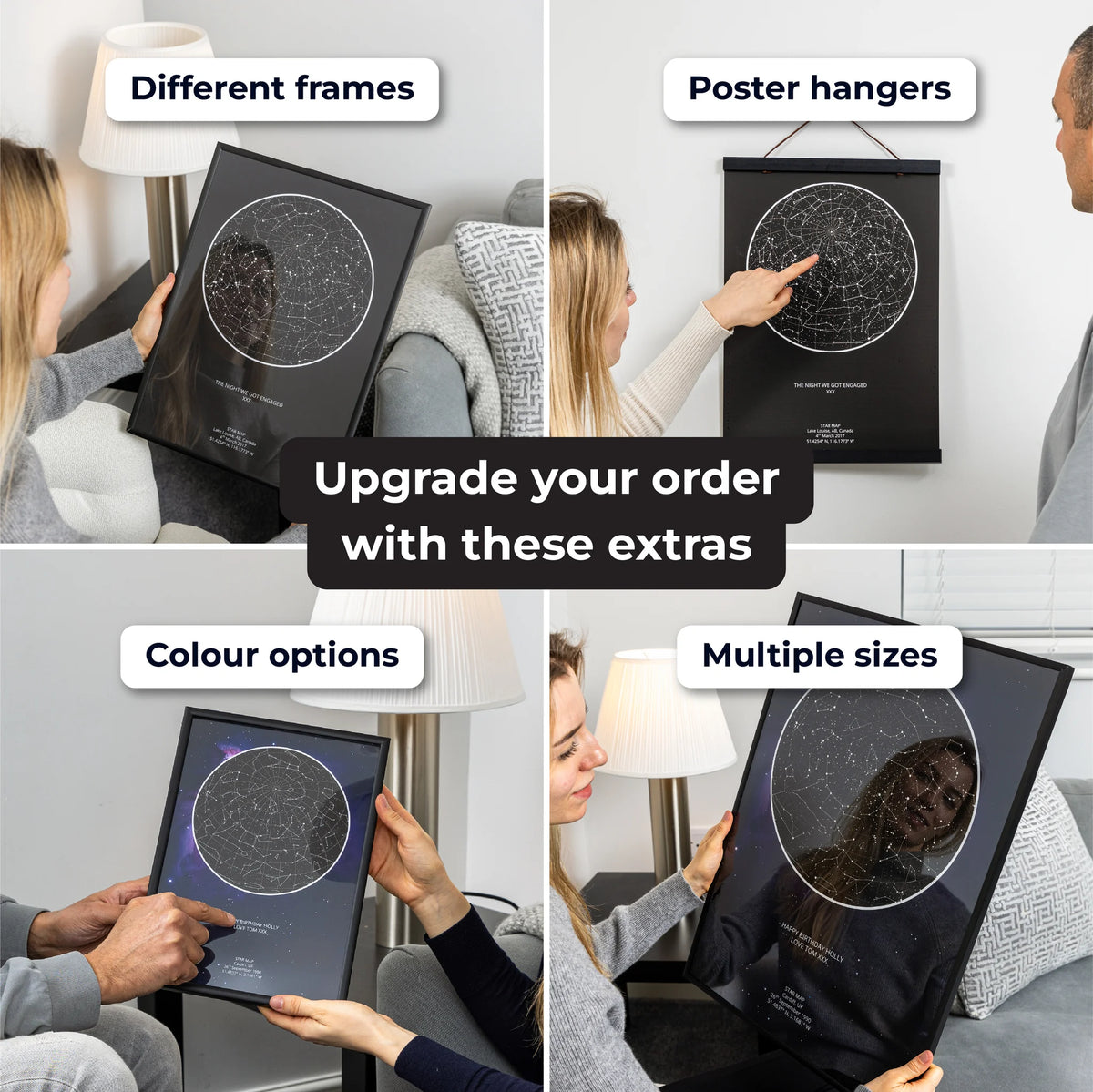 Custom star map print upgrades: different frames, poster hangers and colour options