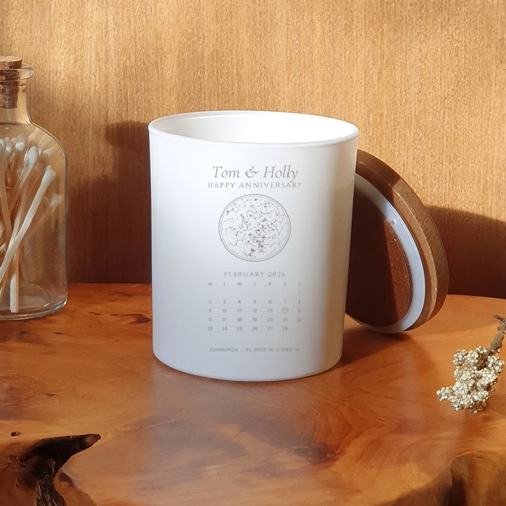 Engraved Candle – anniversary white jar