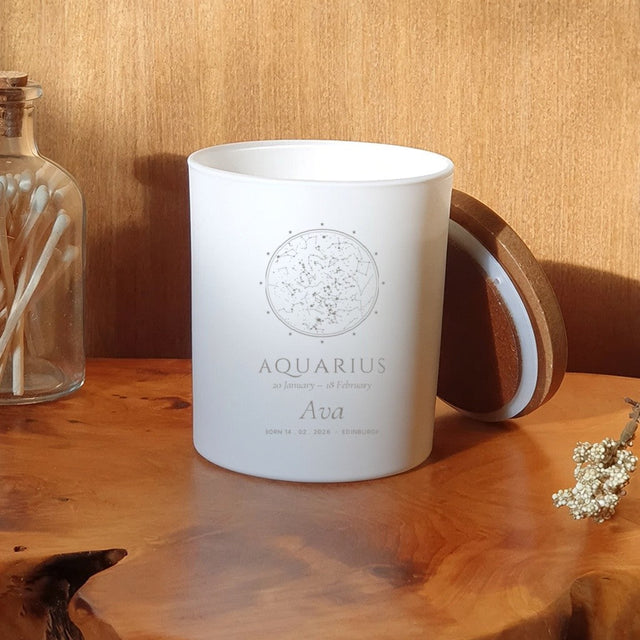 Engraved Candle – birthday zodiac white jar