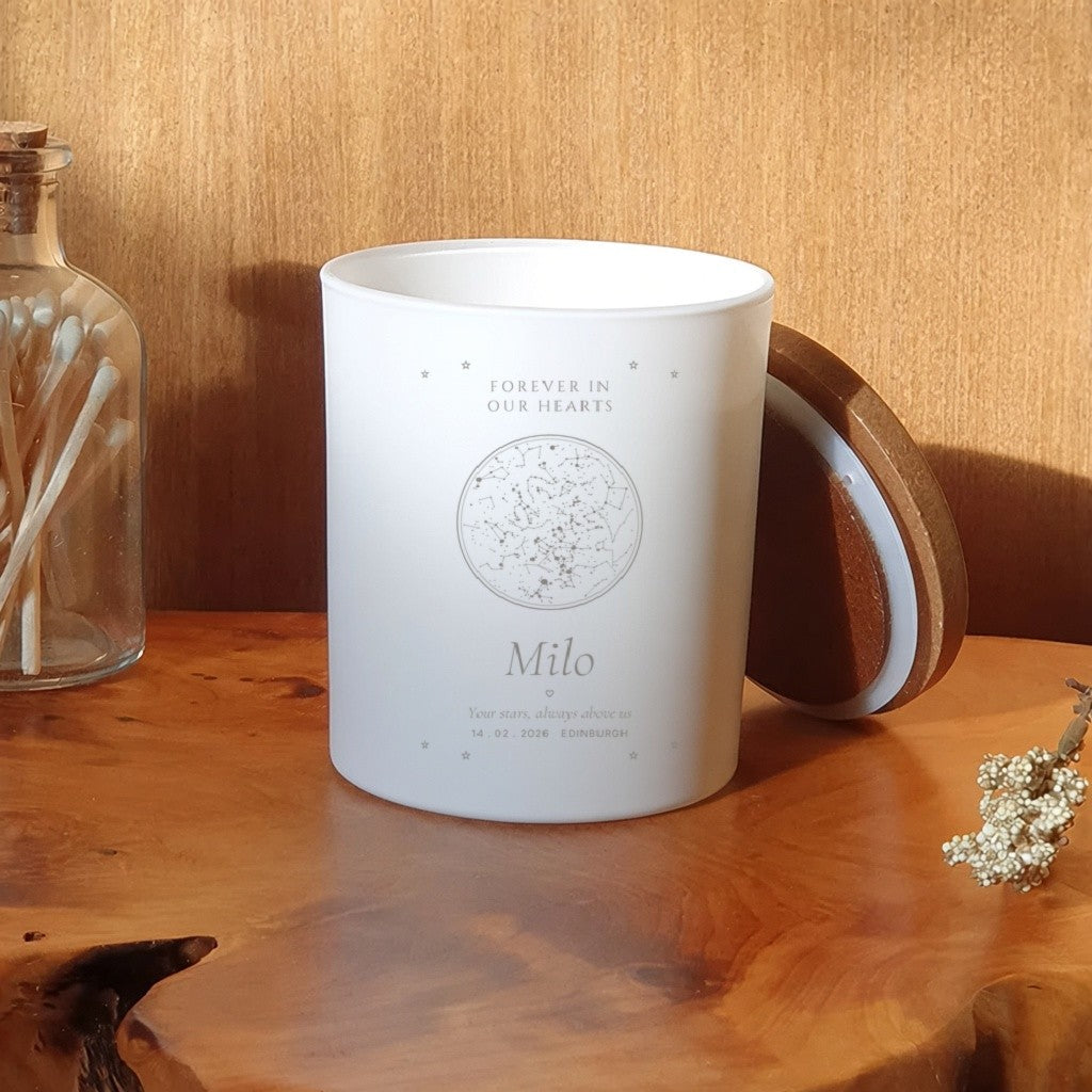 Engraved Candle – memorial white jar