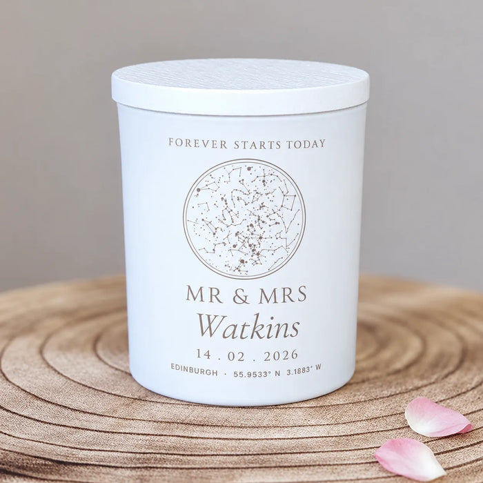 Wedding engraved star map candle, a personalised night sky gift