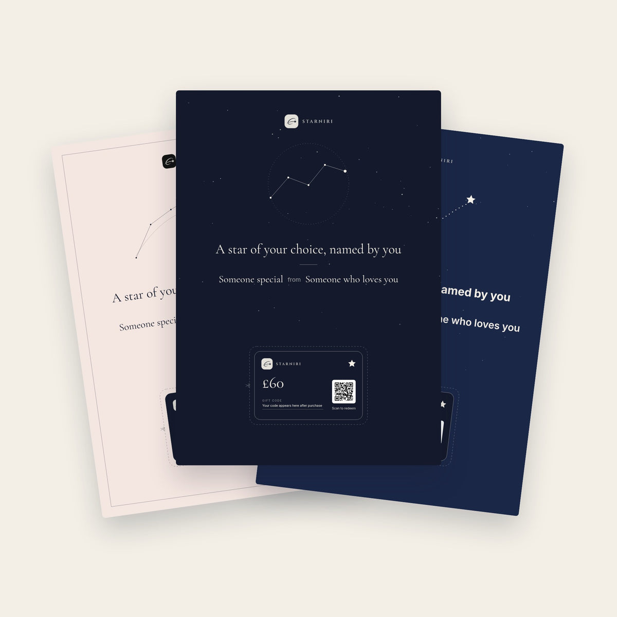Starniri printable star gift cards in navy, blush and midnight blue designs, each with a cut-out card and QR code