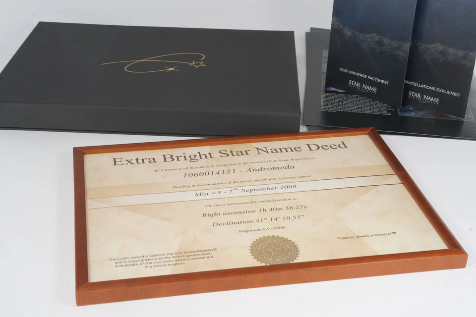 Framed Extra Bright star certificate in its gift box