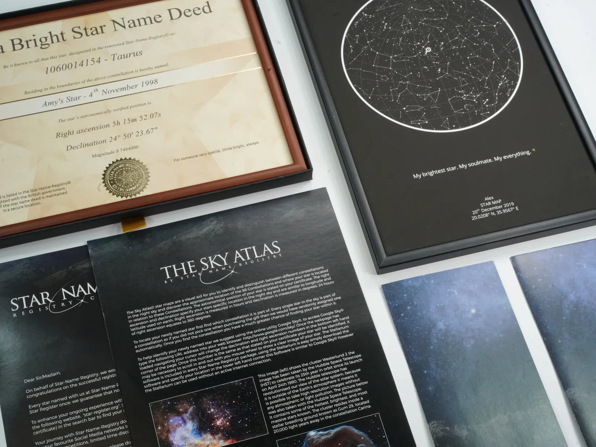 Star name deed with an A4 map showing their star, the Sky Atlas and factsheets