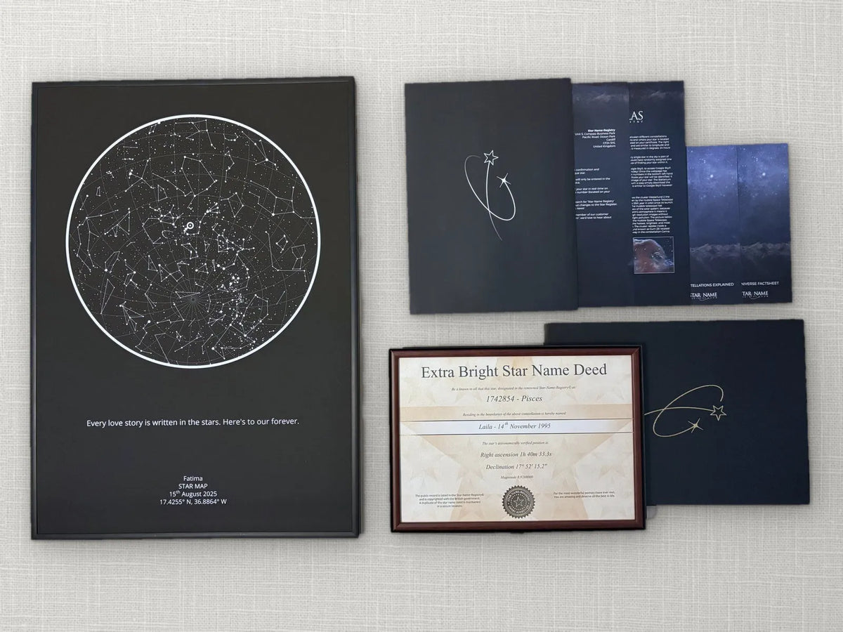 Star certificate and sky map gift set seen from above