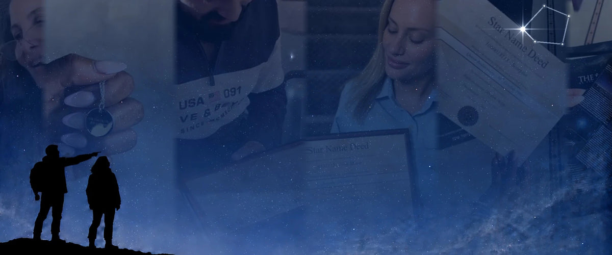 A couple on a hilltop pointing up at a bright named star in the night sky, with a framed Star Name Deed and engraved star pendant