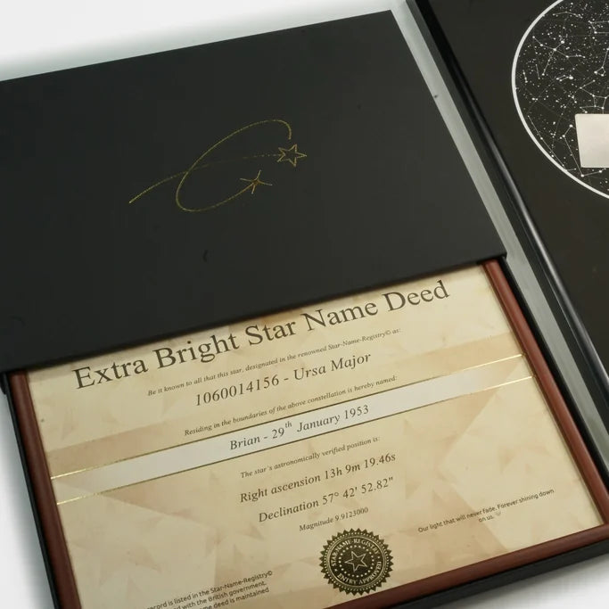 Framed star name certificate in a black Starniri gift box