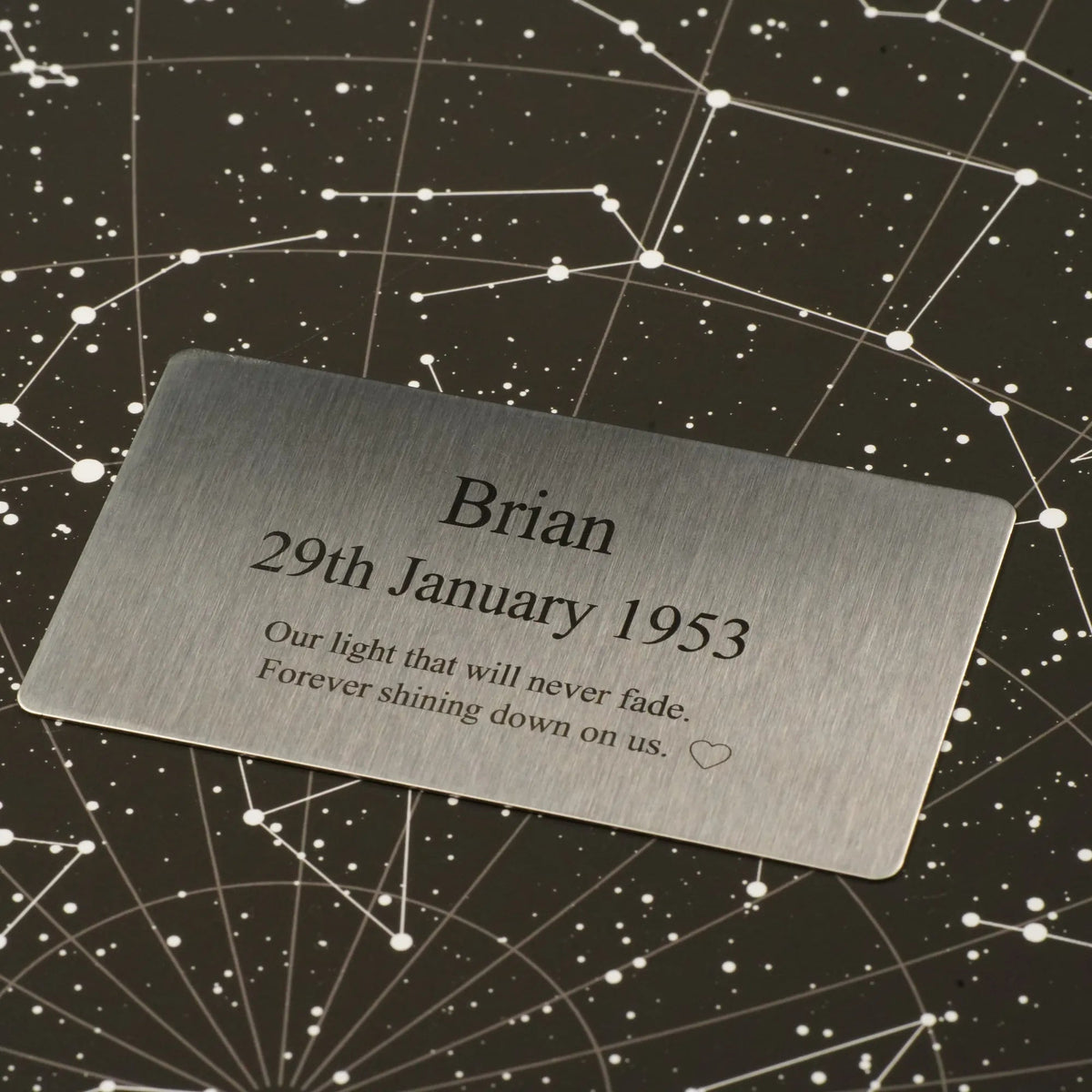 Engraved steel star card resting on a printed star chart