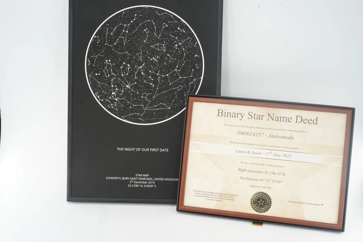 Framed star map beside a star certificate