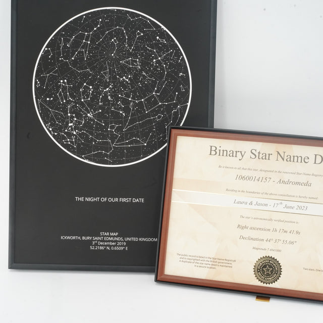 Framed black star map and framed Binary Star Name Deed from the Signature & Star Map