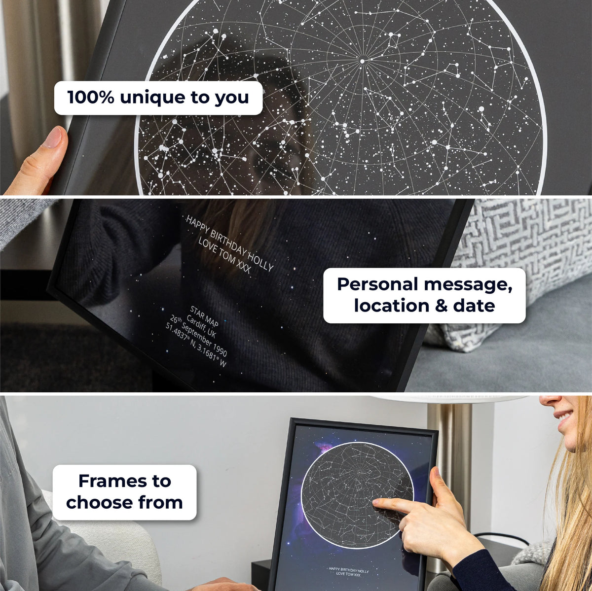 Personalised star map print, 100% unique to you, with personal message, location and date in a choice of frames