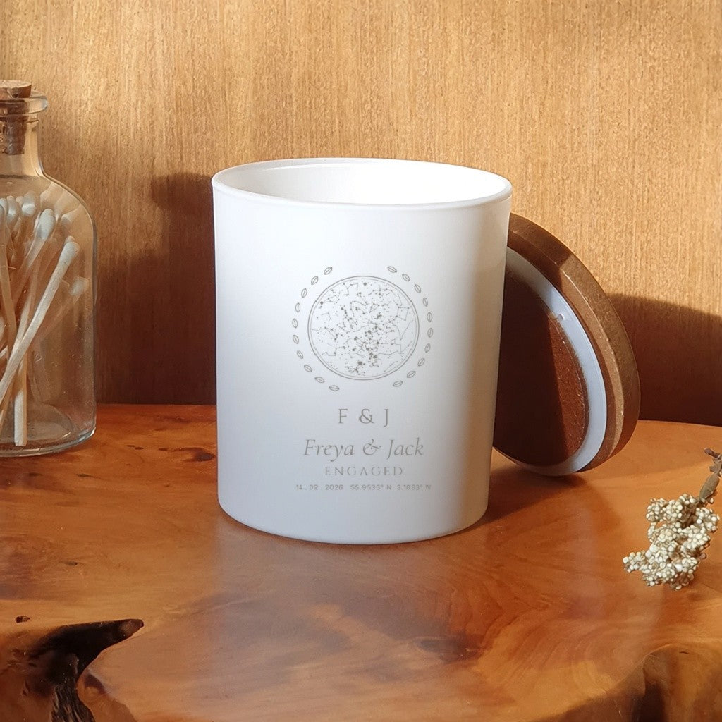 Engraved Candle – engagement initials white jar