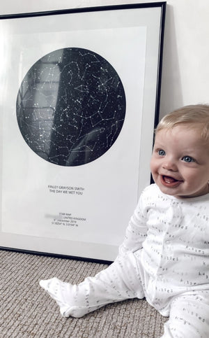 Baby sitting beside a framed star map