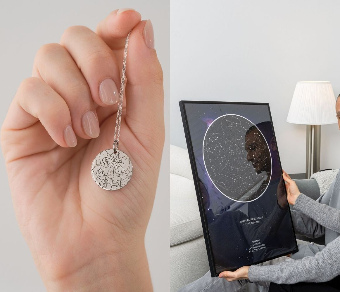 Star map necklace held in front of a framed star map