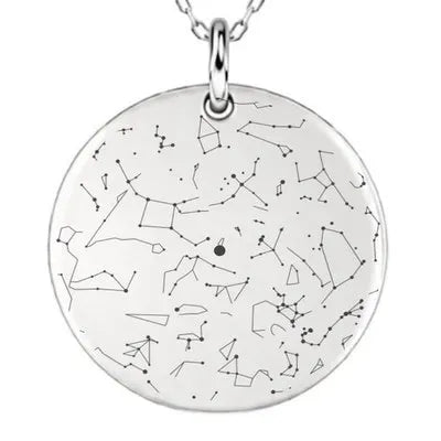 Silver star map pendant engraved with the constellations of a chosen night