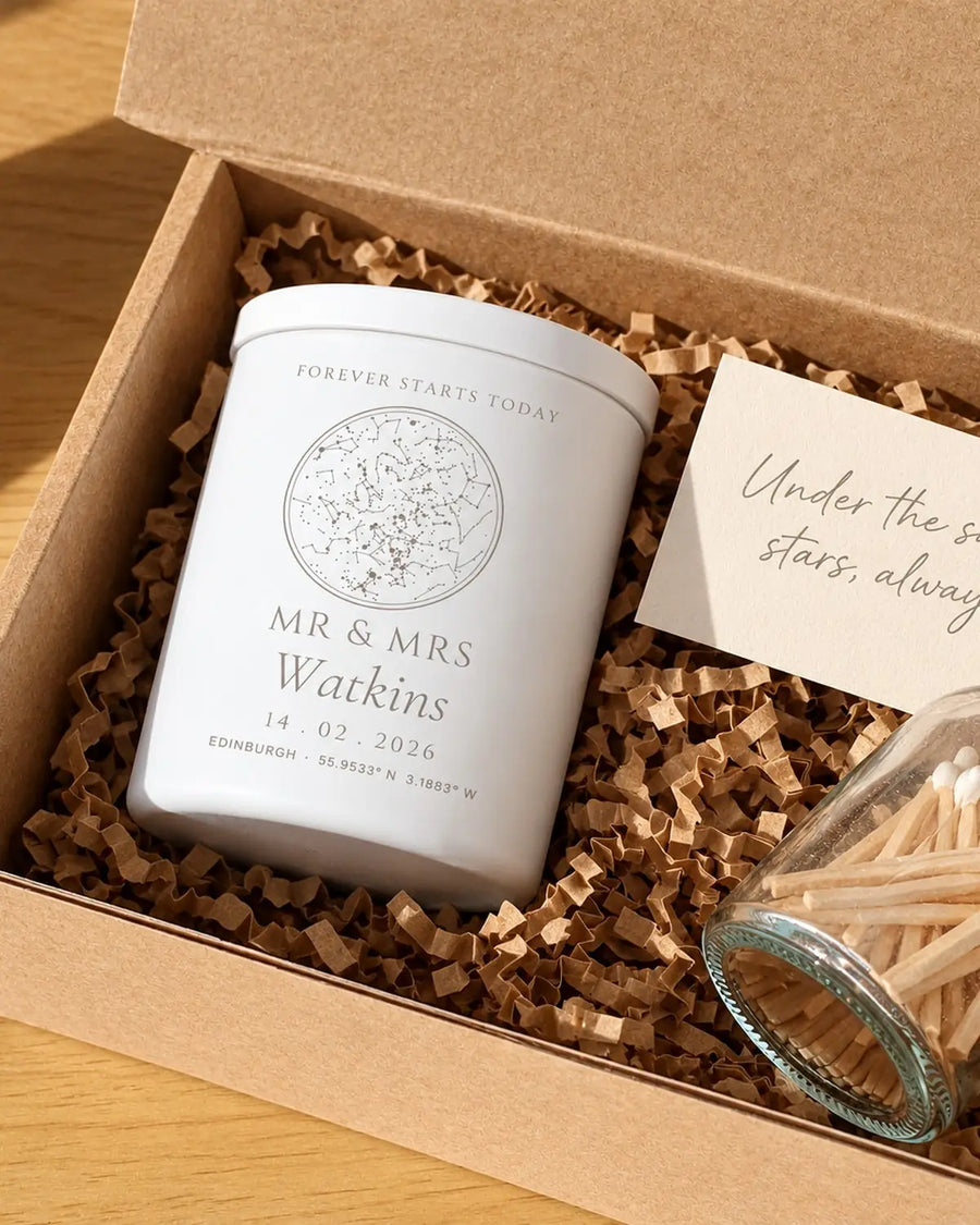 Engraved star map candle in its gift box with a jar of matches, ready to give at Christmas