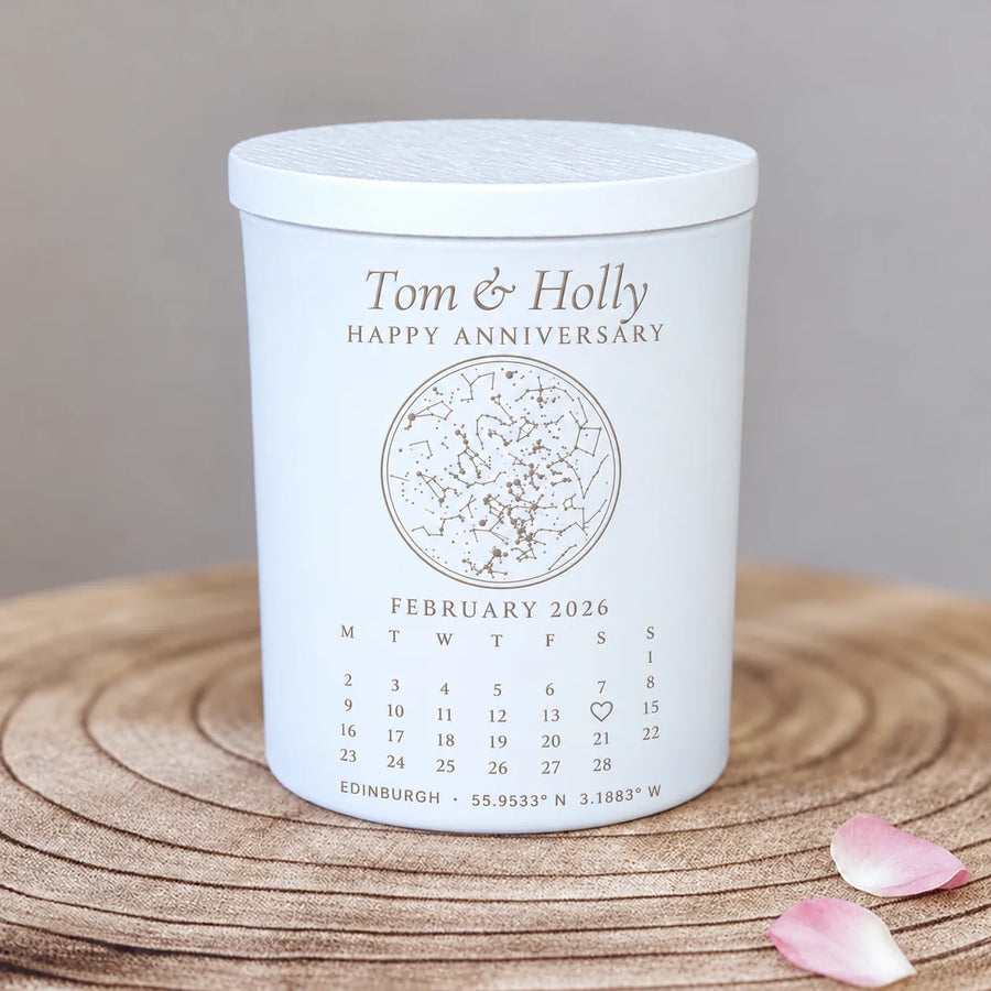 Anniversary candle gift engraved with a star map and two names