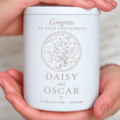 Engraved star map candle, engagement design, engraving close-up