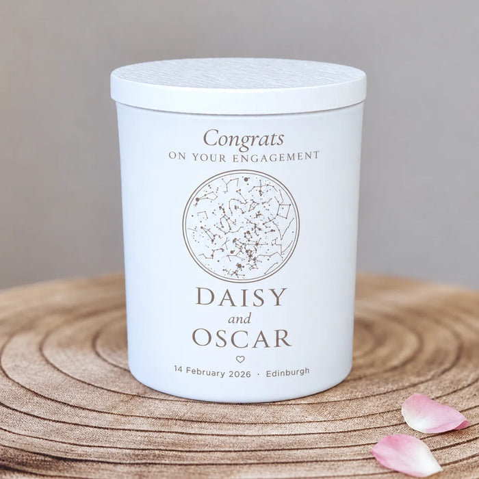 Engagement engraved star map candle, a personalised night sky gift