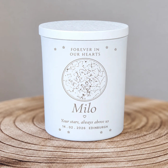 Memorial engraved star map candle, a personalised night sky gift