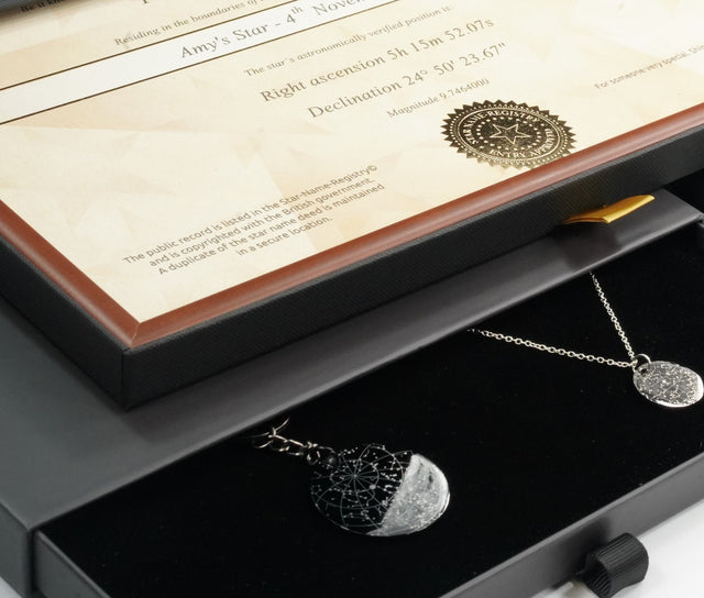 Ultimate set: silver star map necklace and engraved keychain in black gift box