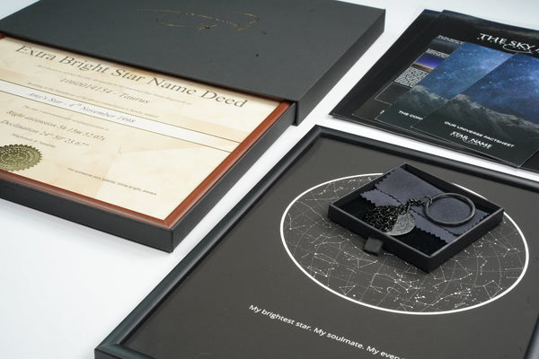 Opened gift set with framed deed and star map