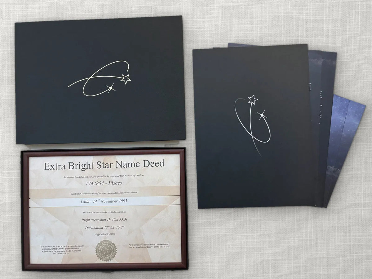 Framed star certificate and gift box seen from above