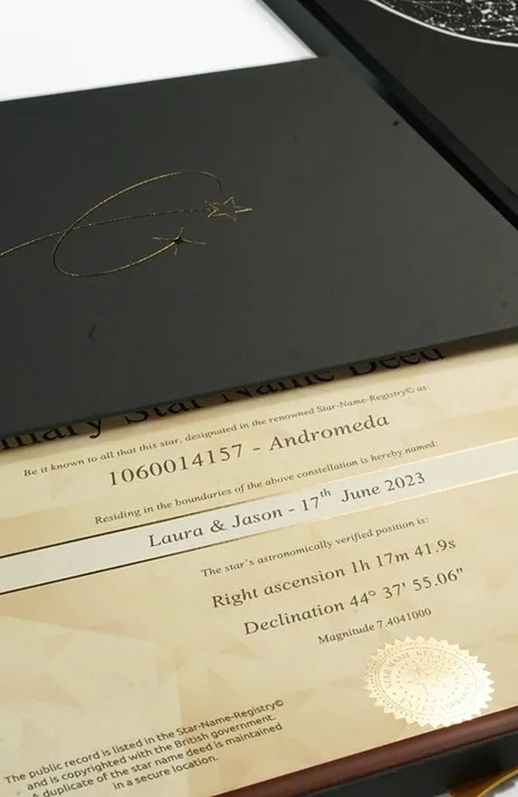 Framed star certificate standing in its gift box