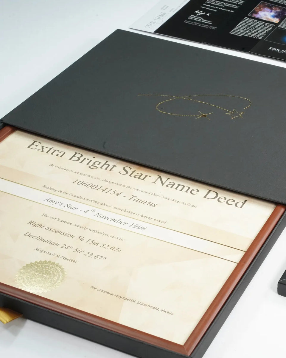 Framed star certificate in a black gift box