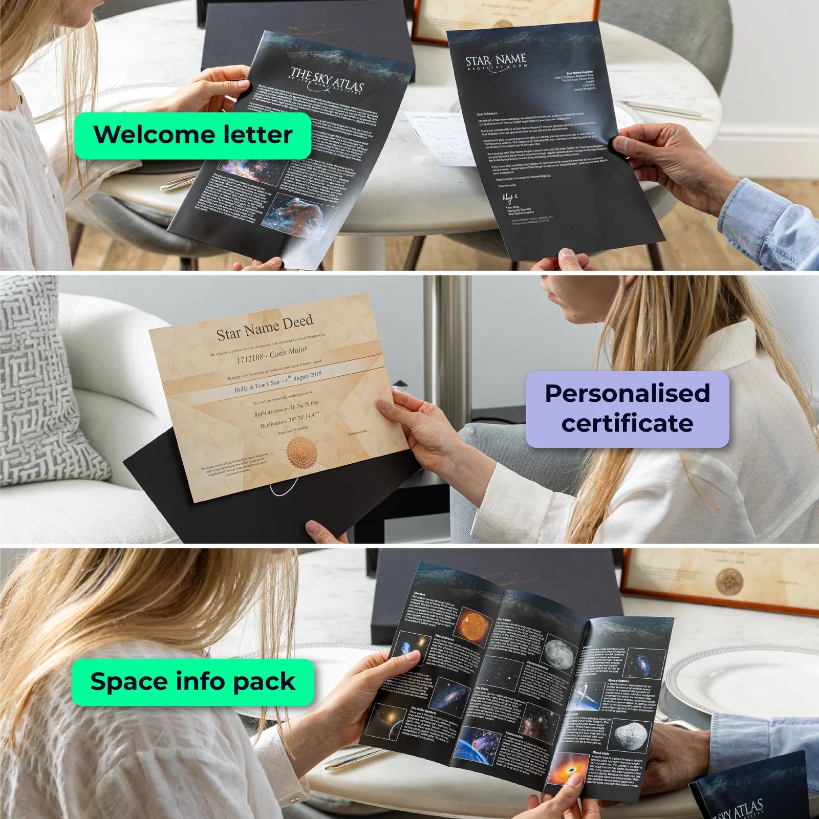 Contents of a Signature Set laid out: certificate, gift box and space info pack