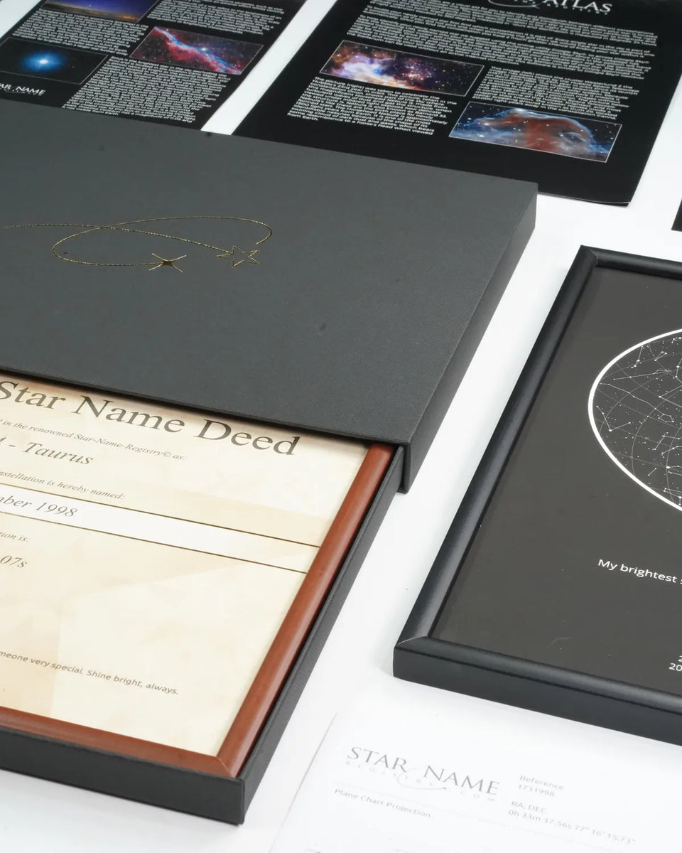 Star certificate with a framed A4 star map