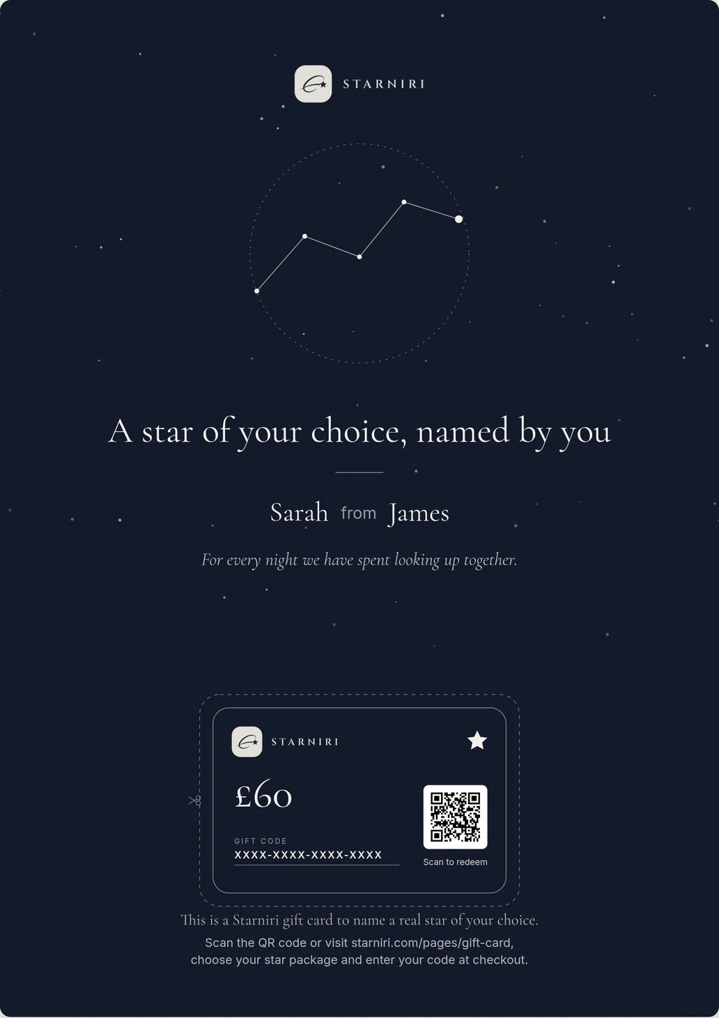 Example Starniri printable gift card letter, £60