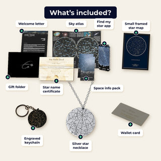 What's included in the Ultimate Set: silver star necklace, small framed star map, engraved keychain, wallet card, star name certificate, sky atlas, welcome letter, gift folder and space info pack