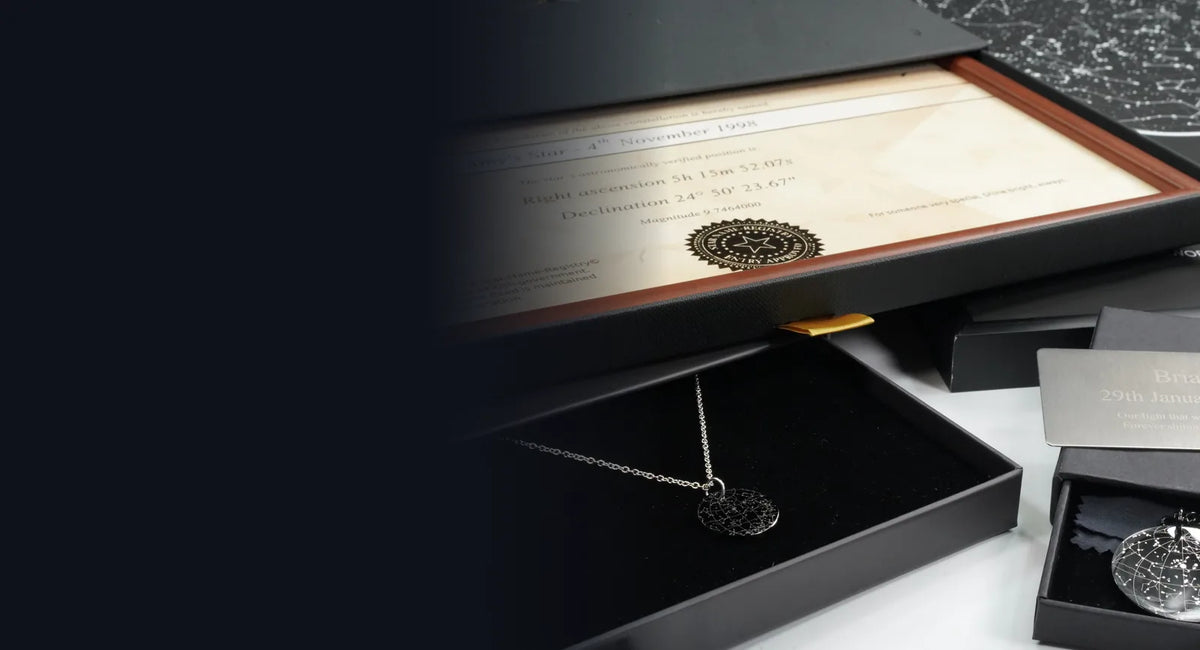 Engraved silver star map pendant in an open black gift box, with an engraved steel wallet card and a framed star map