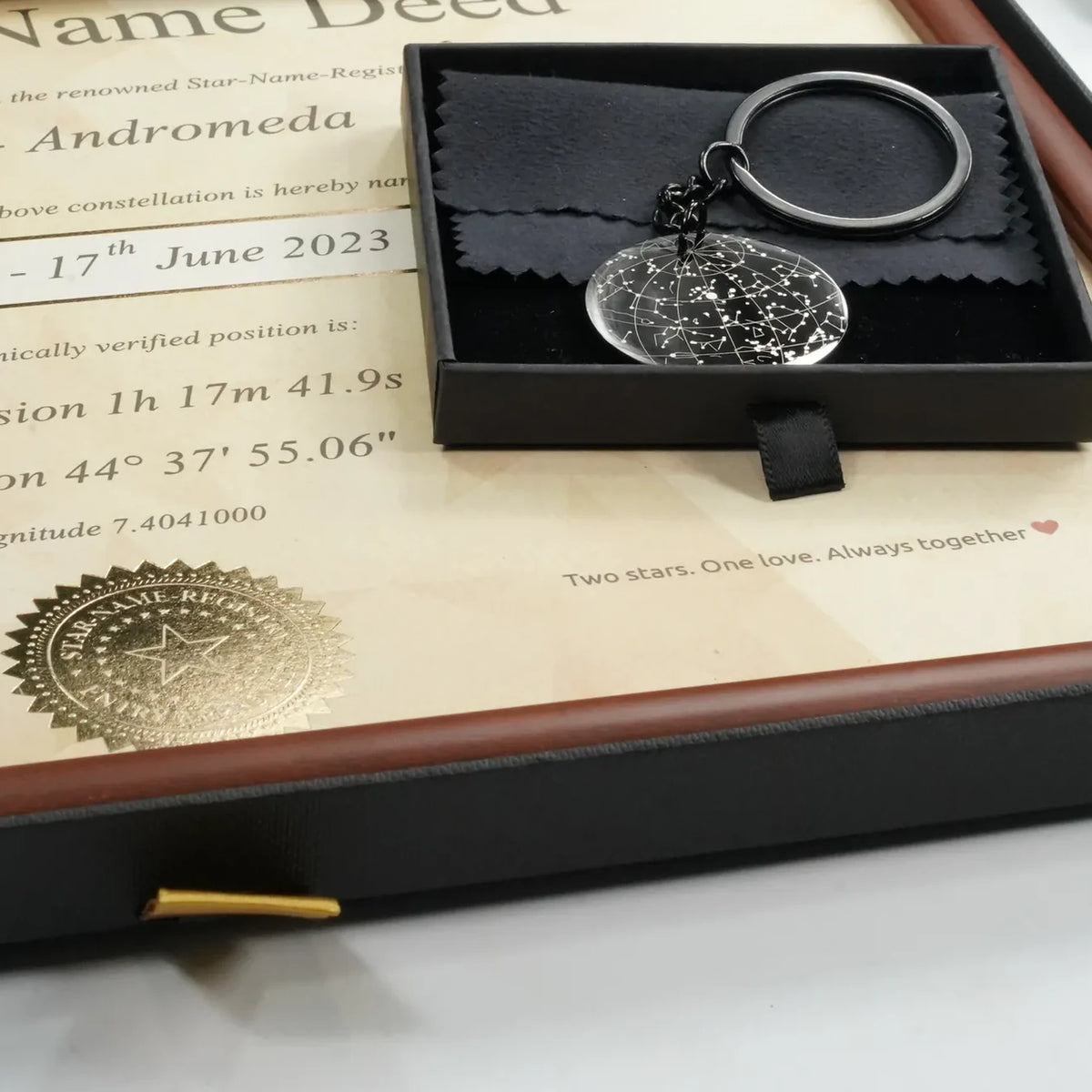 Signature & Keepsake: framed star certificate in its black gift box with engraved keychain
