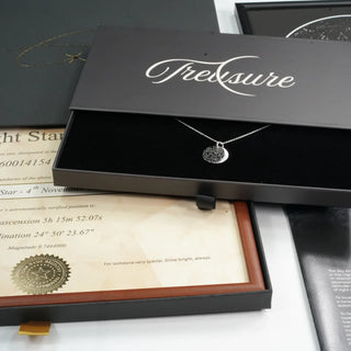 Ultimate Set: engraved silver star map pendant in its gift box with the framed star deed